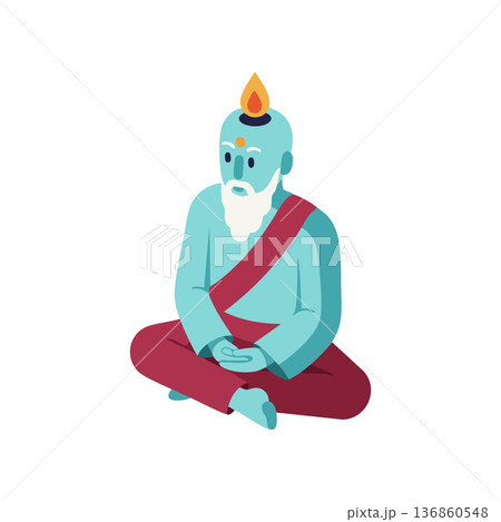 Mystic blue-skinned sage meditating in seated lotus pose with flame on head spiritual vector illustration 136860548