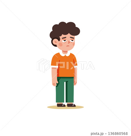 Sad boy with curly hair wearing orange shirt and green pants standing isolated vector illustration 136860568