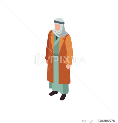 Middle Eastern man wearing traditional clothing and orange coat standing in vector style illustration 136860570