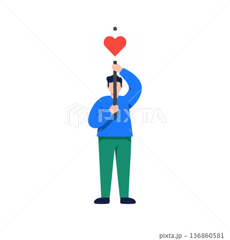 Man holding red heart symbol sign standing isolated on white background vector illustration for love and care concepts Man holding red heart symbol sign standing isolated on white background vector illustration for love and care concepts 136860581