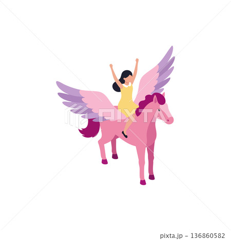 Winged pink horse with woman riding and raising arms fantasy mythical creature vector illustration 136860582