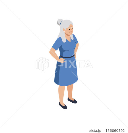 Elderly woman standing with hands on hips wearing blue dress and black shoes vector illustration Elderly woman standing with hands on hips wearing blue dress and black shoes vector illustration 136860592