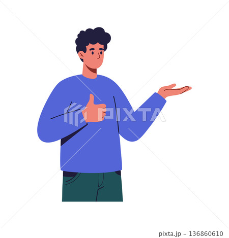 Man in blue sweater showing thumbs up gesture and open hand with green pants vector illustration Man in blue sweater showing thumbs up gesture and open hand with green pants vector illustration 136860610