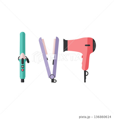Hair styling tools flat vector icons with hair straightener curling iron and hair dryer illustration 136860614