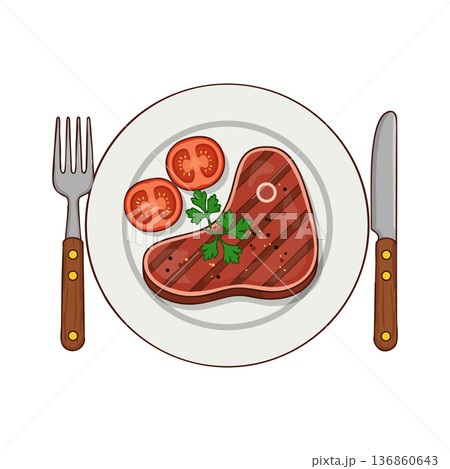 Grilled steak with fresh tomato slices and parsley garnish served on white plate with fork and knife vector illustration Grilled steak with fresh tomato slices and parsley garnish served on white plate with fork and knife vector illustration 136860643
