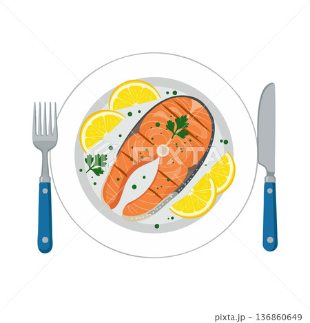 Salmon steak with lemon slices and herbs served on white plate with fork and knife vector illustration Salmon steak with lemon slices and herbs served on white plate with fork and knife vector illustration 136860649
