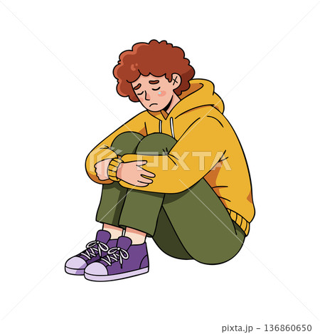 Sad young man sitting curled up hugging knees wearing yellow hoodie and purple shoes vector illustration 136860650