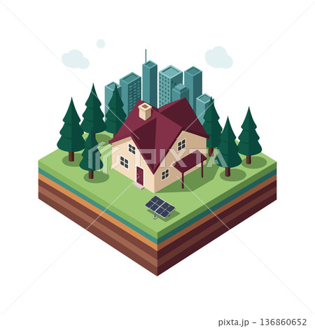 Isometric suburban house with solar panel surrounded by pine trees and city skyscrapers sustainable energy concept vector illustration 136860652