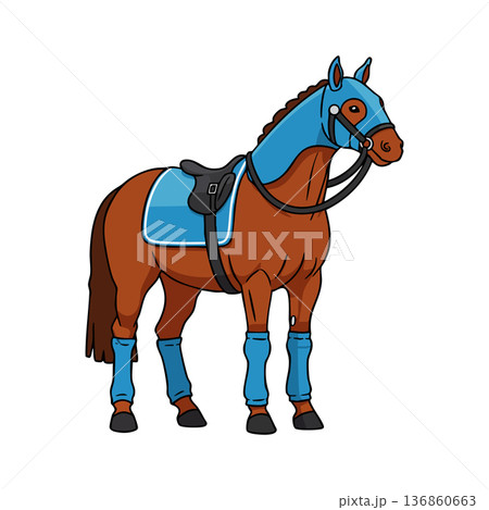 Brown horse with blue riding gear and protective equipment standing in profile vector illustration Brown horse with blue riding gear and protective equipment standing in profile vector illustration 136860663