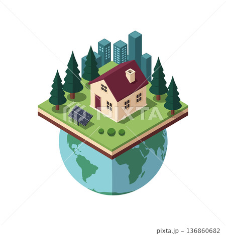 Sustainable house with solar panels surrounded by trees and city buildings on globe concept of eco friendly living and urban environment vector Sustainable house with solar panels surrounded by trees and city buildings on globe concept of eco friendly living and urban environment vector 136860682