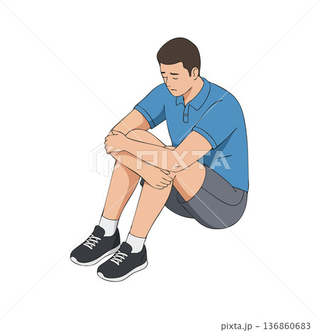 Sad young man sitting on floor in blue shirt and gray shorts feeling lonely and thoughtful vector illustration 136860683