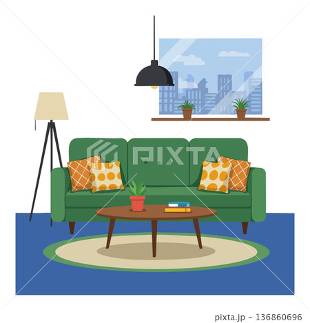 Green sofa with orange patterned pillows and wooden coffee table in modern living room setting with city view window and standing lamp Green sofa with orange patterned pillows and wooden coffee table in modern living room setting with city view window and standing lamp 136860696