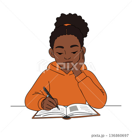 Young girl studying with book and pen focused on homework in orange hoodie vector illustration Young girl studying with book and pen focused on homework in orange hoodie vector illustration 136860697