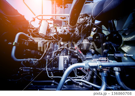 Modern new agricultural tractor engine. Machinery and equipment Modern new agricultural tractor engine. Machinery and equipment 136860708