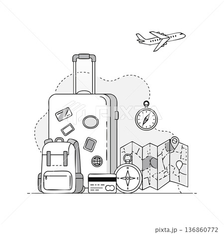 Travel essentials vector with suitcase backpack map compass credit card and airplane flying illustration 136860772