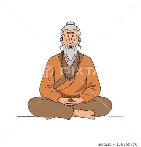 Elderly man meditating in lotus pose wearing traditional robe and prayer beads vector illustration peaceful spiritual practice Elderly man meditating in lotus pose wearing traditional robe and prayer beads vector illustration peaceful spiritual practice 136860776