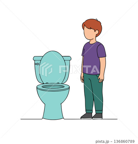 Boy standing next to open toilet bowl in simple vector style with blue and purple colors for bathroom design concepts 136860789