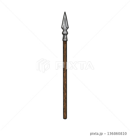 Spear with wooden shaft and metal pointed tip traditional weapon for hunting or combat vector illustration 136860810