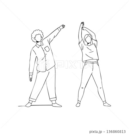 Two people stretching exercising together in casual clothes simple line art vector illustration 136860813