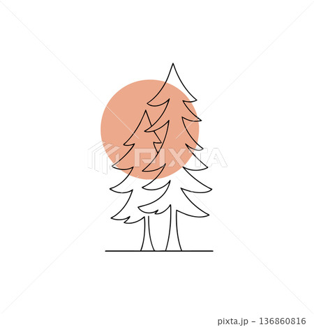 Pine trees with minimalist design and orange sun background vector illustration for nature and environment themes Pine trees with minimalist design and orange sun background vector illustration for nature and environment themes 136860816