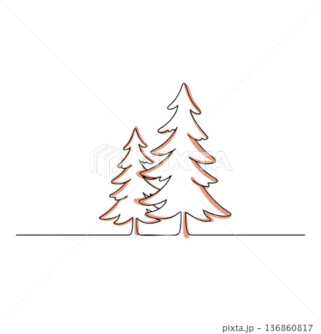Pine trees simple line art vector design with minimalistic style and subtle red shadow effect 136860817