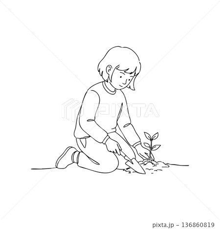 Child planting tree sapling in soil gardening activity vector line art drawing illustration 136860819