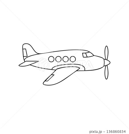 Airplane vector line art illustration with propeller and windows flying in clear sky simple style Airplane vector line art illustration with propeller and windows flying in clear sky simple style 136860834