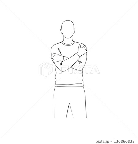 Male figure with arms crossed standing in casual pose minimalistic vector line art design Male figure with arms crossed standing in casual pose minimalistic vector line art design 136860838