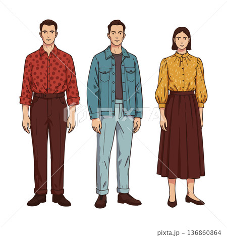 Three diverse young adults in casual autumn outfits standing isolated with confident posture and calm expressions vector illustration 136860864