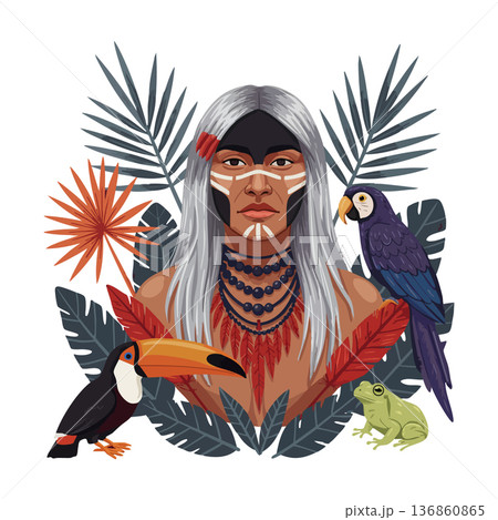 Indigenous woman with traditional face paint surrounded by tropical birds and lush green leaves vector illustration Indigenous woman with traditional face paint surrounded by tropical birds and lush green leaves vector illustration 136860865