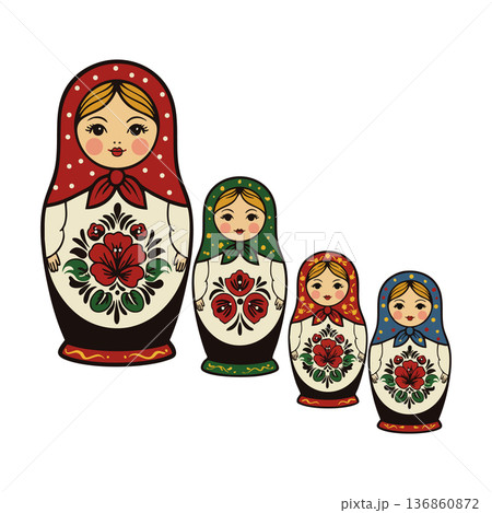 Russian nesting dolls with traditional floral patterns in red, green, orange, and blue headscarves vector illustration 136860872