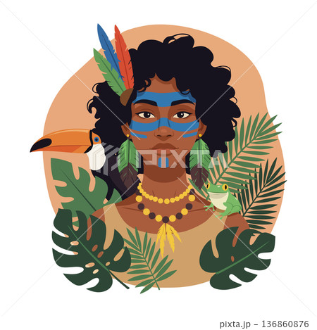 Indigenous woman with face paint and feathers surrounded by tropical plants and animals vector illustration 136860876