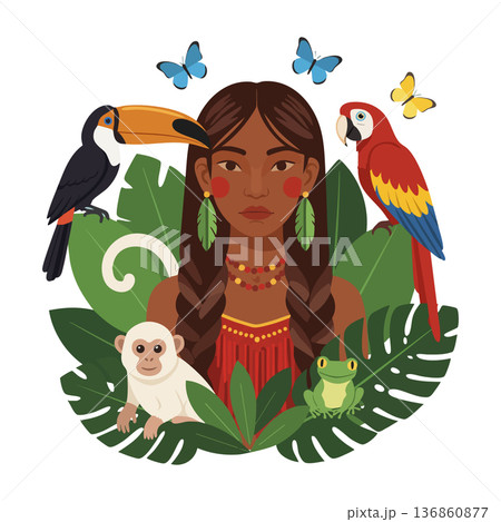 Indigenous woman with tropical birds monkey frog and butterflies surrounded by large green leaves vector illustration 136860877