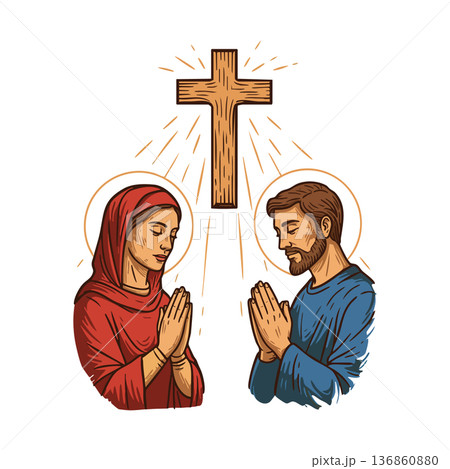 Christian praying man and woman with glowing cross in religious worship vector illustration Christian praying man and woman with glowing cross in religious worship vector illustration 136860880