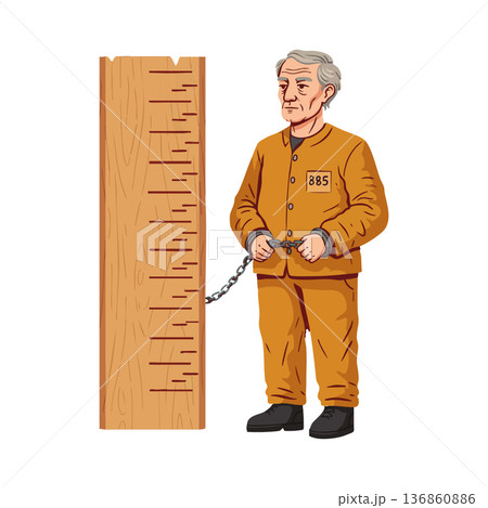 Elderly prisoner in orange jumpsuit chained to wooden post holding handcuffs vector illustration 136860886