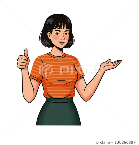 Young woman in orange striped shirt showing thumbs up and presenting with hand gesture smiling vector illustration 136860887