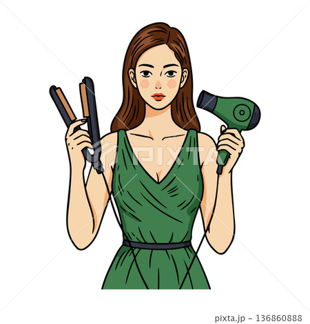 Woman using hair straightener and hair dryer for styling hair in green dress vector illustration 136860888