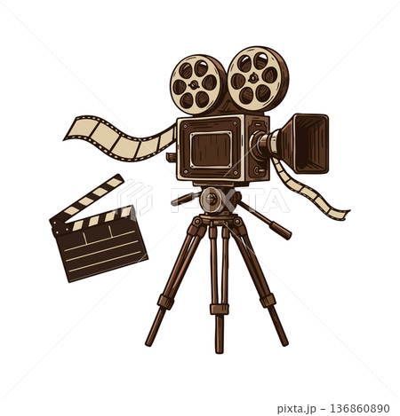Vintage movie camera with film reel and clapperboard vector illustration for cinema and filmmaking design elements 136860890