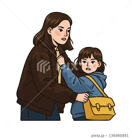 Mother protecting daughter holding yellow bag in casual clothing vector illustration of family care and concern 136860891