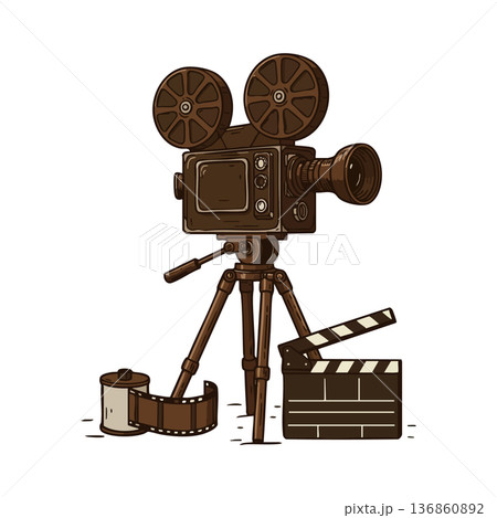Vintage film camera with tripod and movie clapperboard vector illustration in brown tones for cinema and filmmaking design 136860892