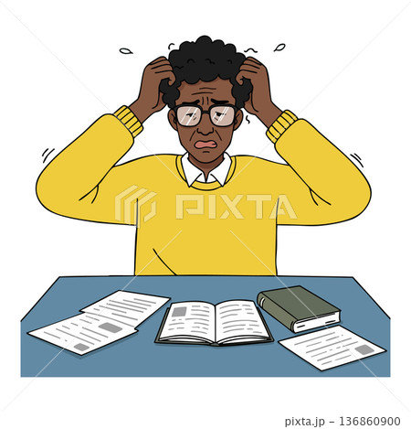 Stressed man wearing glasses and yellow sweater studying with books and papers at desk vector illustration Stressed man wearing glasses and yellow sweater studying with books and papers at desk vector illustration 136860900