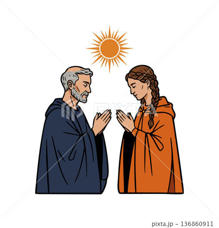 Elderly man and young woman praying with sun above in peaceful spiritual moment vector illustration 136860911
