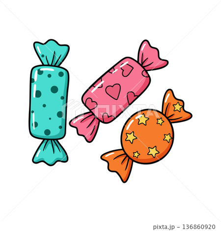 Colorful wrapped candies with hearts stars and dots in bright pink orange and turquoise vector illustration for sweet treats and fun designs 136860920