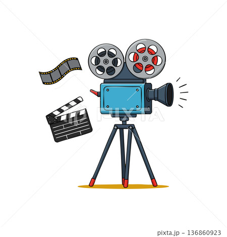Vintage film camera with film reel and clapperboard vector illustration for movie production and cinema design Vintage film camera with film reel and clapperboard vector illustration for movie production and cinema design 136860923