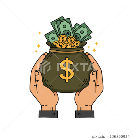 Money bag with coins and dollar bills held by hands concept of wealth and financial success vector illustration Money bag with coins and dollar bills held by hands concept of wealth and financial success vector illustration 136860924