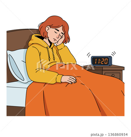 Woman feeling tired waking up early morning in bed with alarm clock showing 11 20 vector illustration 136860934