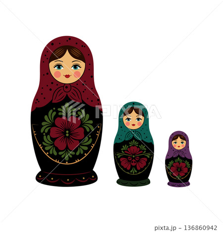 Russian nesting dolls matryoshka set with floral patterns and traditional folk art design vector illustration 136860942