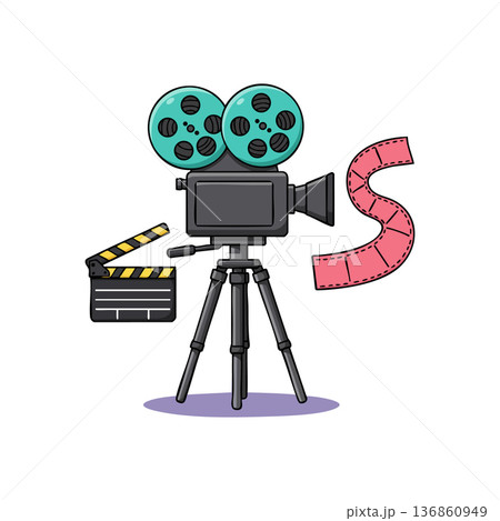 Vintage movie camera with film reel and clapperboard vector illustration for cinema and filmmaking design Vintage movie camera with film reel and clapperboard vector illustration for cinema and filmmaking design 136860949