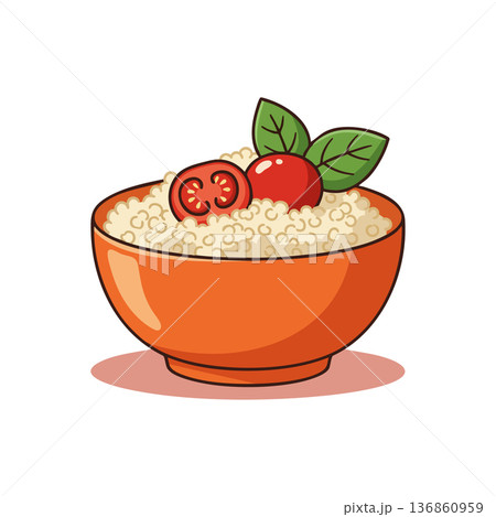Quinoa bowl with fresh tomato and green leaves healthy vegetarian food vector illustration Quinoa bowl with fresh tomato and green leaves healthy vegetarian food vector illustration 136860959