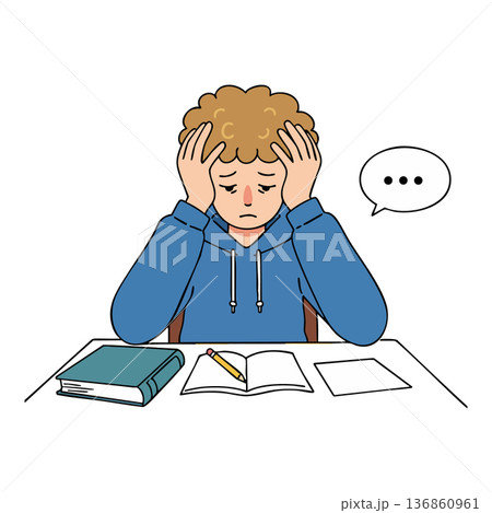 Stressed young man with curly hair sitting at desk with books and papers overwhelmed by study pressure Stressed young man with curly hair sitting at desk with books and papers overwhelmed by study pressure 136860961